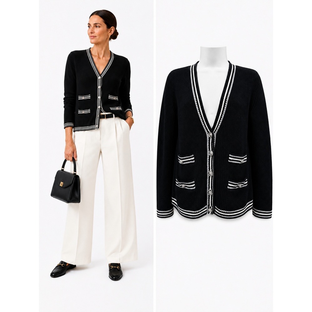 Talbots Black Contrast Trim Ribbed Cardigan Sweater S Old Money Preppy Classic